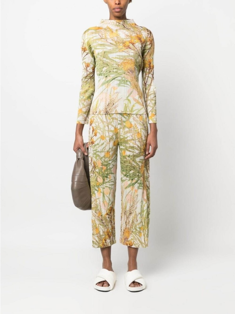 Issey Miyake Floral Ribbed Long-Sleeve Top in Olive, Mustard & Cream